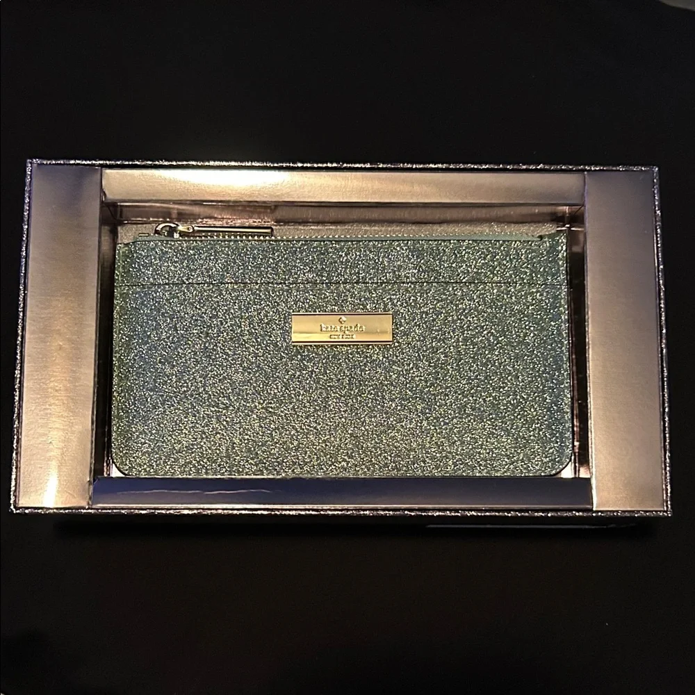 Kate Spade Seawater Green Kenzie Boxed Glitter Card Holder Wallet - Picture 12 of 15